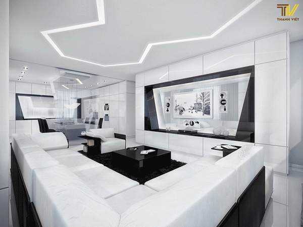 Thiết kế nội thất phòng khách với tone màu đen và trắng
