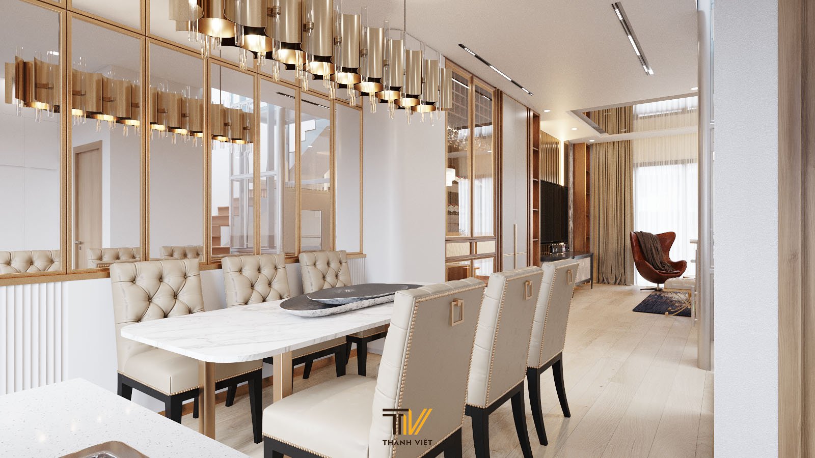 Bếp hiện đại với đèn chùm