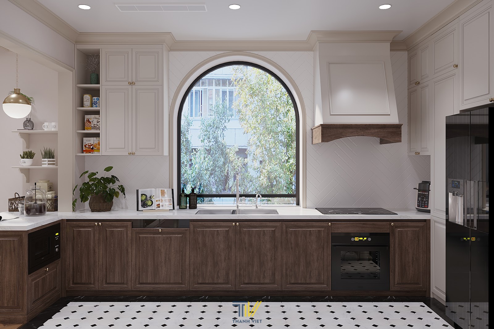 Bếp hiện đại với cửa vòm
