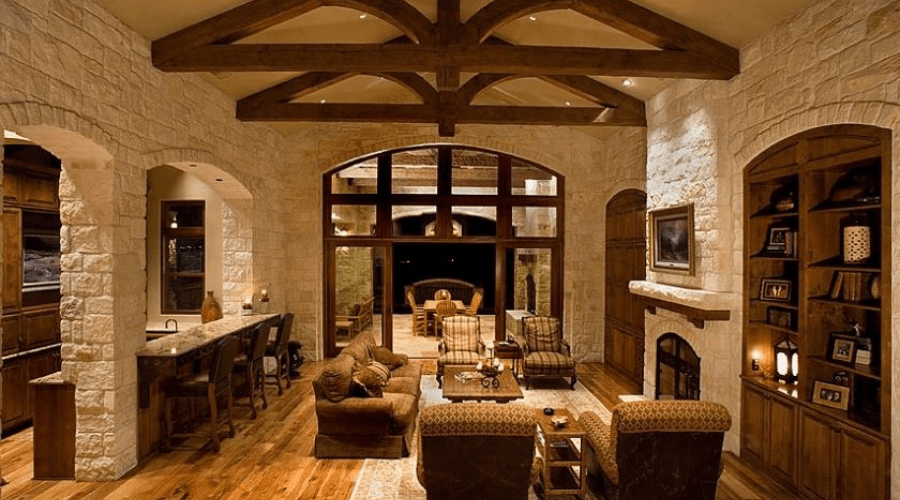 Nội thất Rustic cổ điển trần gỗ tường đá