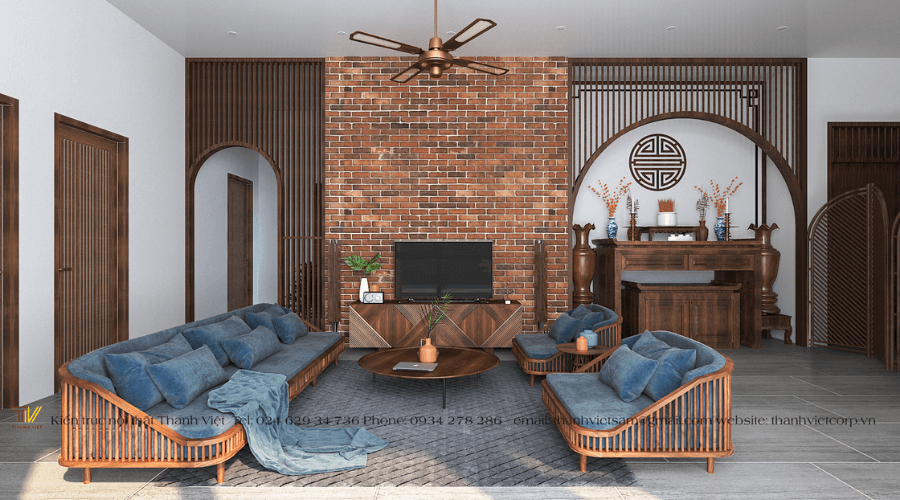 Phòng khách rustic gỗ gạch