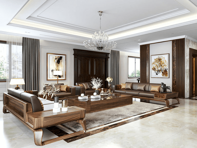 Phòng khách biệt thự nội thất gỗ