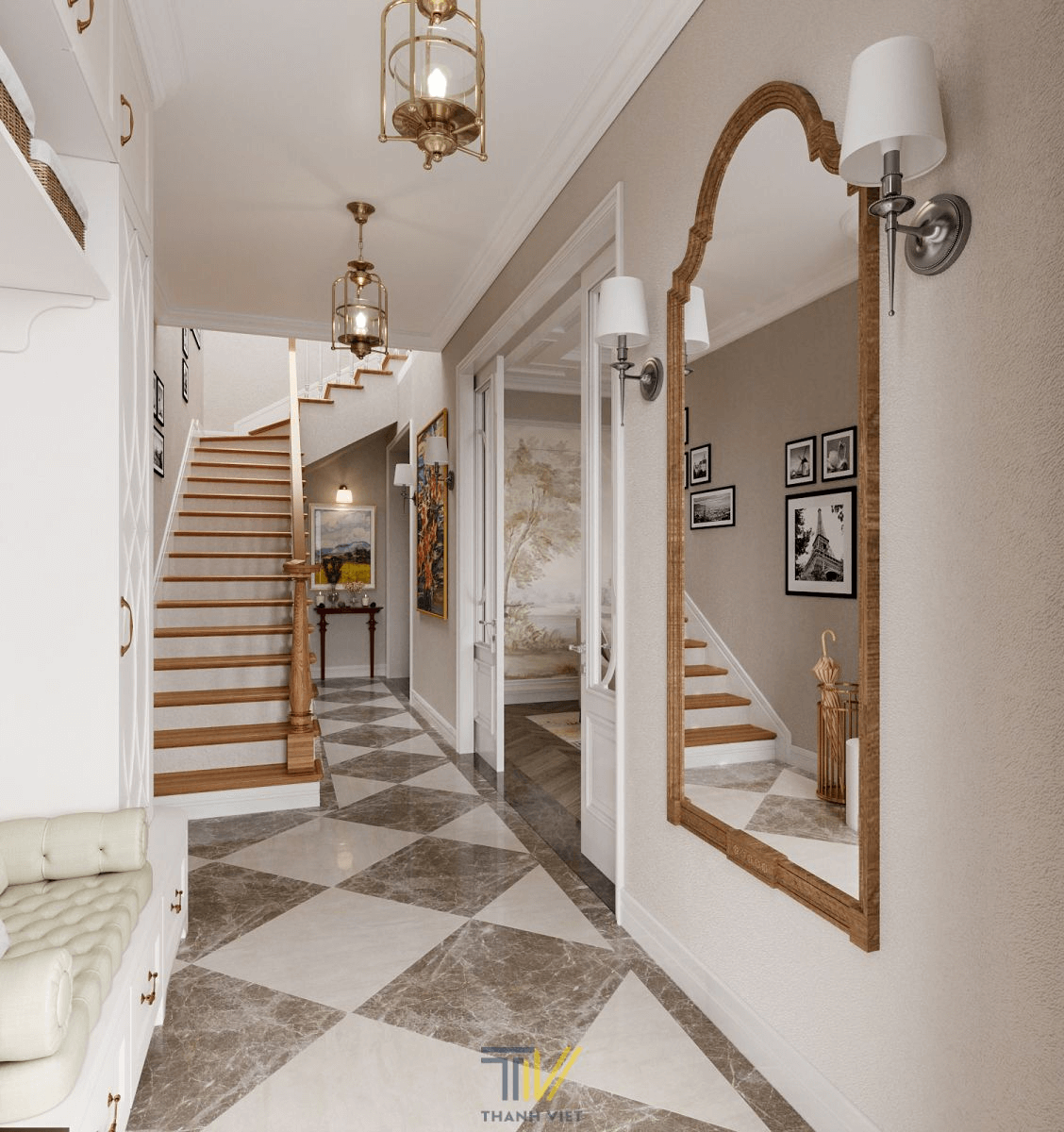 Hành lang biệt thự tiện nghi