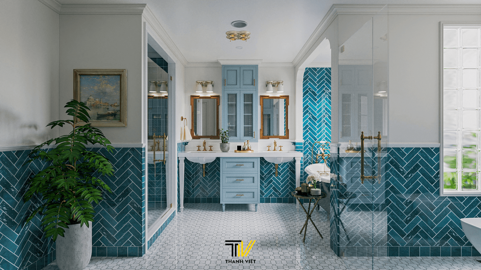 Phòng tắm tông màu xanh biển