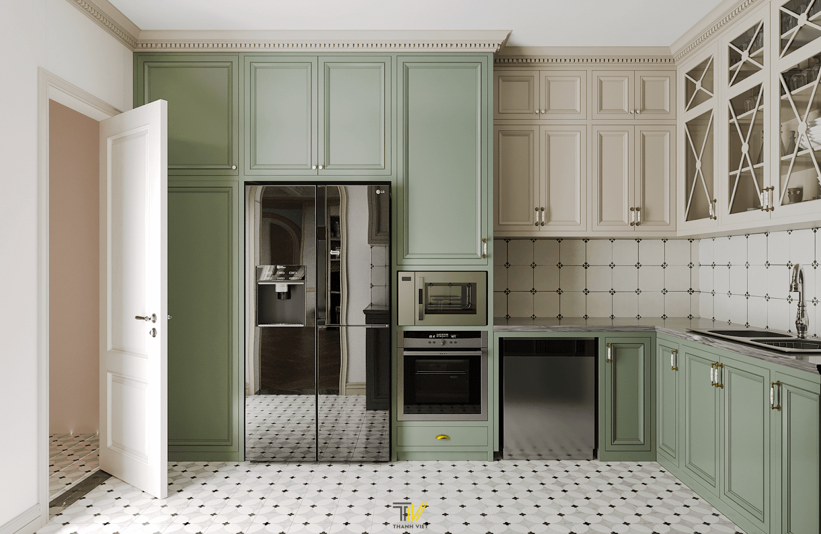 Phòng bếp màu xanh be 