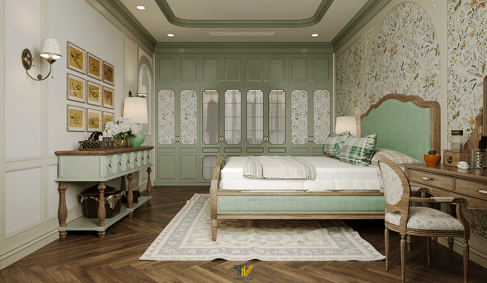 Phòng ngủ xanh hoạ tiết 